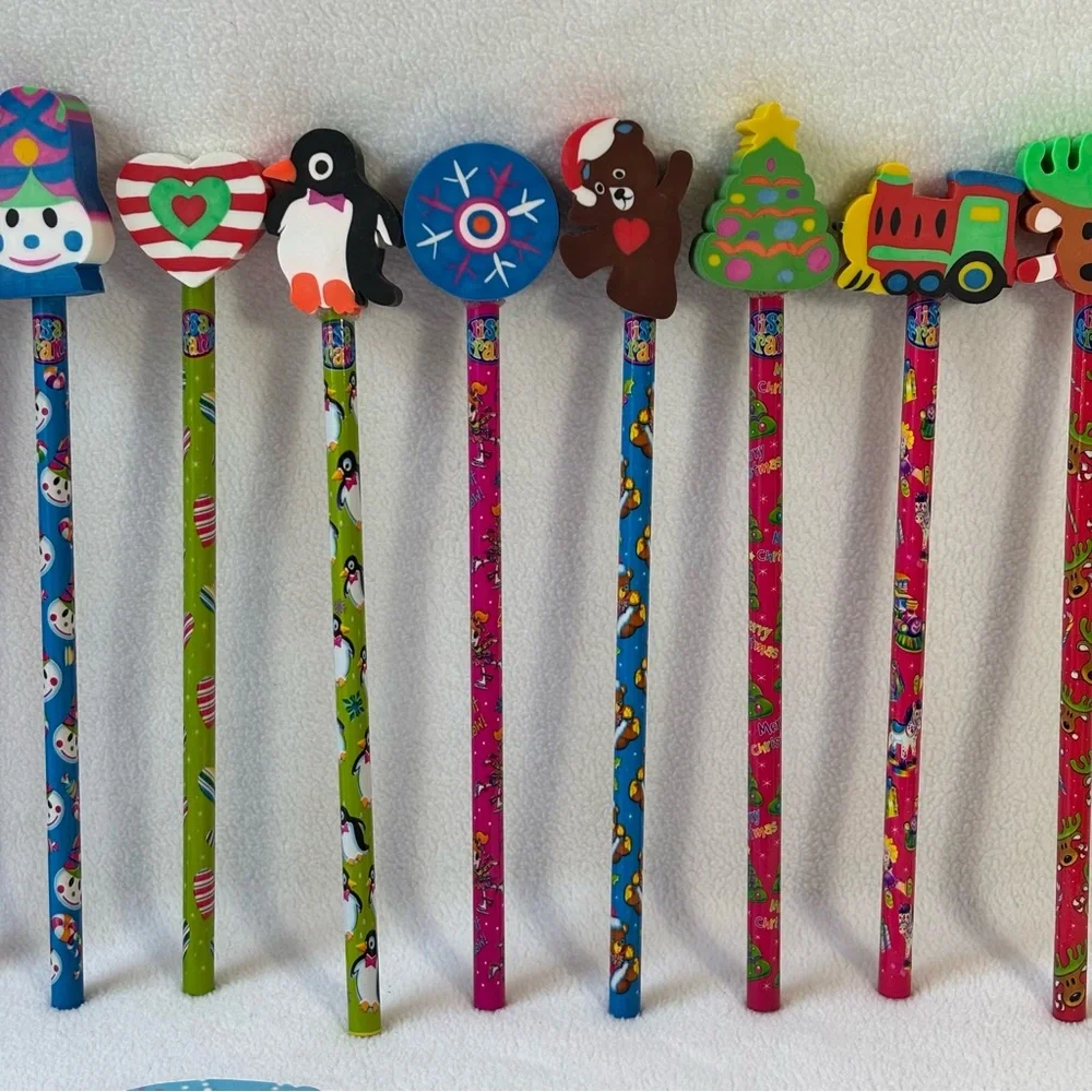 Rare Vintage New Lot of 13 Lisa Frank Holiday Pencils with fun eraser toppers